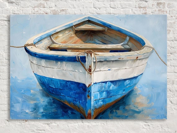 Tranquil Waters Rustic Blue Wooden Boat Print Giclee Print On Gallery Wrapped Artist Available In Extra Large Sizes