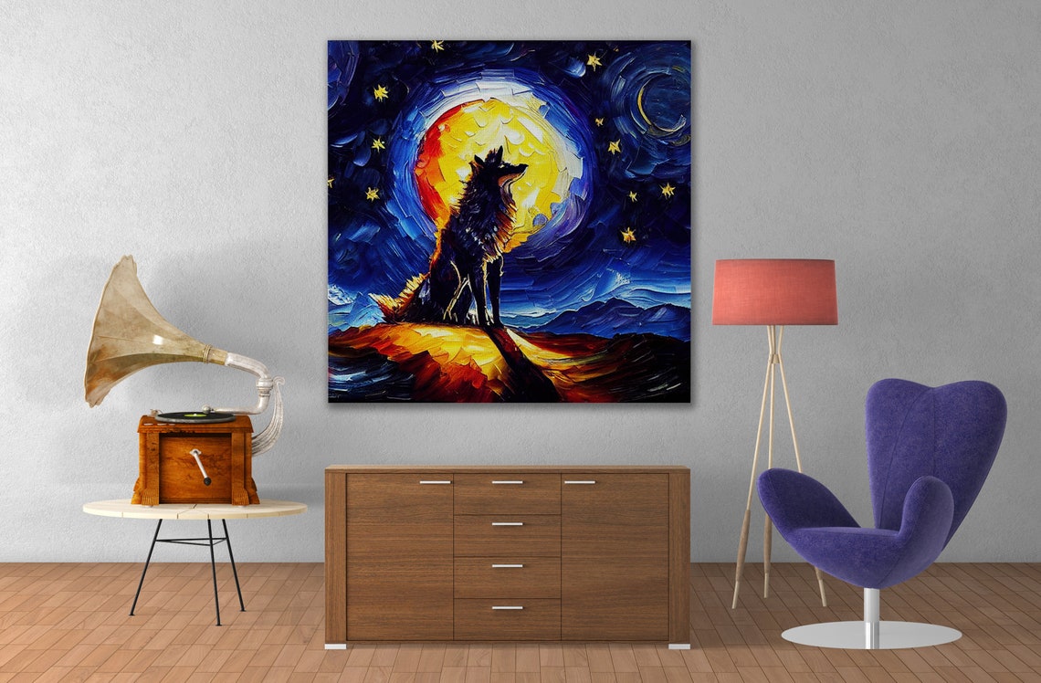 Wolf Howling At Moon Starry Night Blue Sky Wildlife Art Poster - Image 3