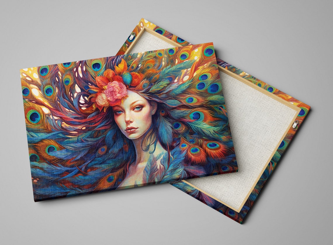 Peacock Feather Headdress Woman Portrait Copper Teal Art Poster - Image 4