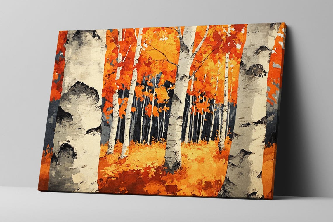 Birch Tree Trunks Close Up White Bark Orange Autumn Leaves Art Poster - Image 2