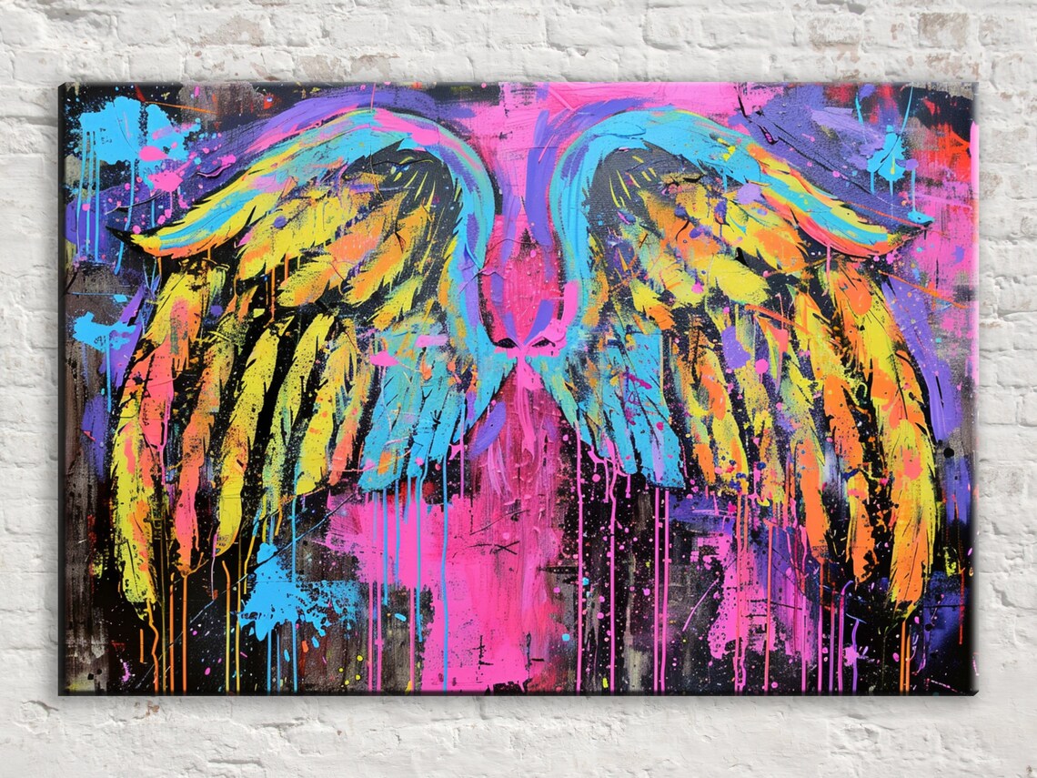 Colorful Neon Angel Wings Pop Art Pink Blue Yellow Graffiti Wall Art