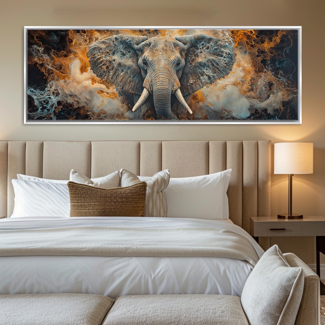 Abstract Elephant In Orange Grey Smoke Swirls Dramatic Panoramic Art Print - Image 3