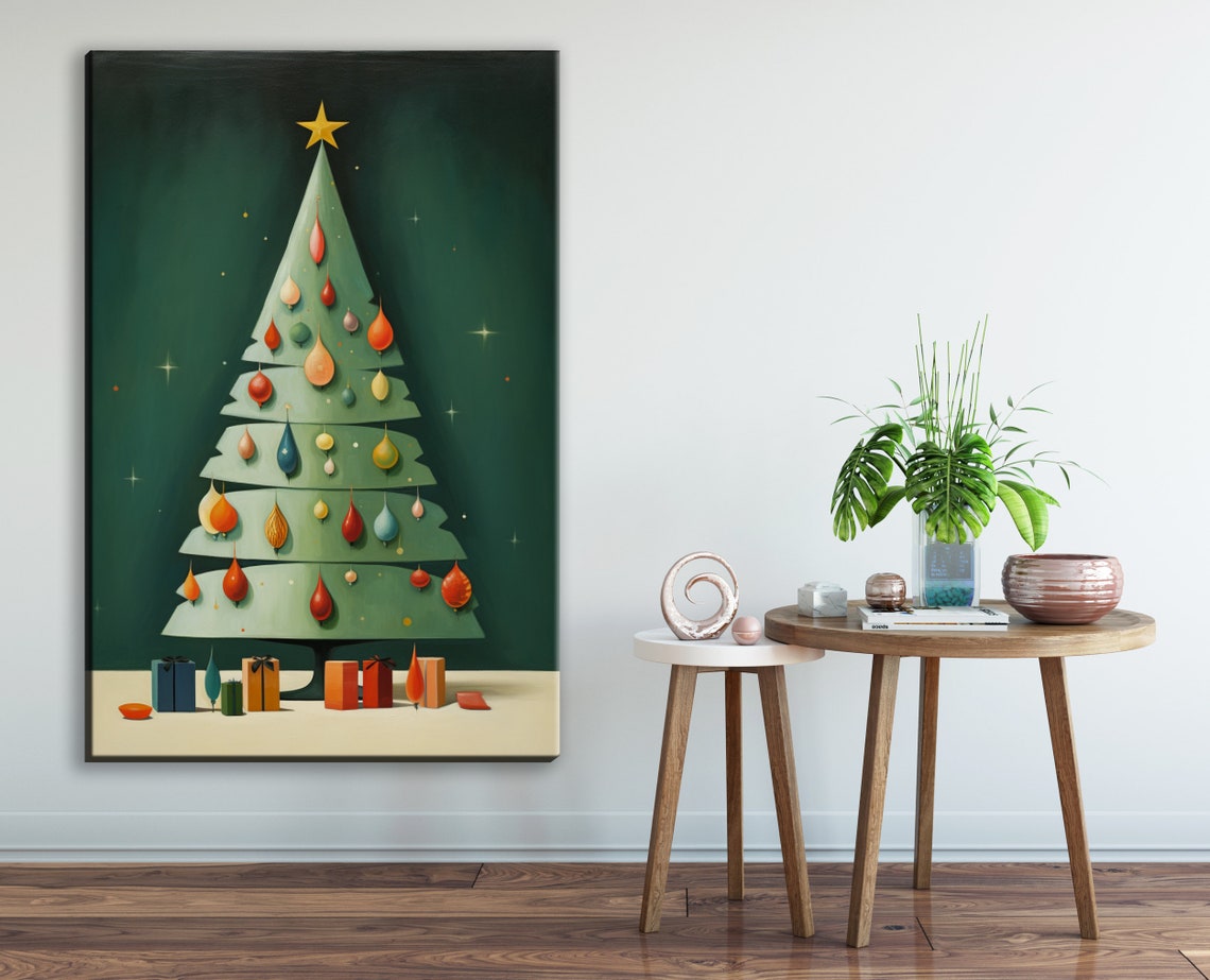 Retro Mid Century Christmas Tree Teardrop Ornaments Night Art Poster - Image 2