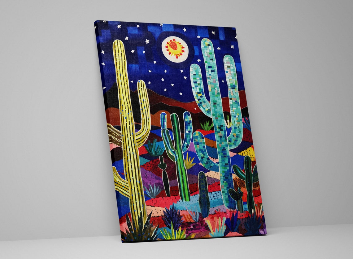 Starry Desert Night Moon Mosaic Cactus Colorful Southwest Poster - Image 4