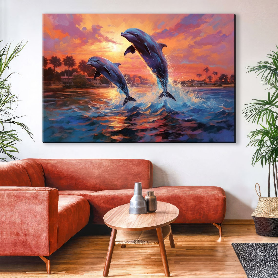 Playful Two Dolphins Leaping Sunset Ocean Palm Coastline Art Poster - Image 3