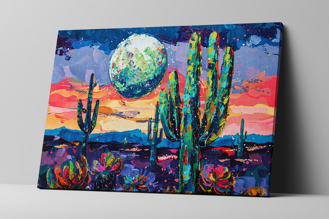 Desert Moonrise Saguaro Cactus Colorful Twilight Impasto Poster - Image 4