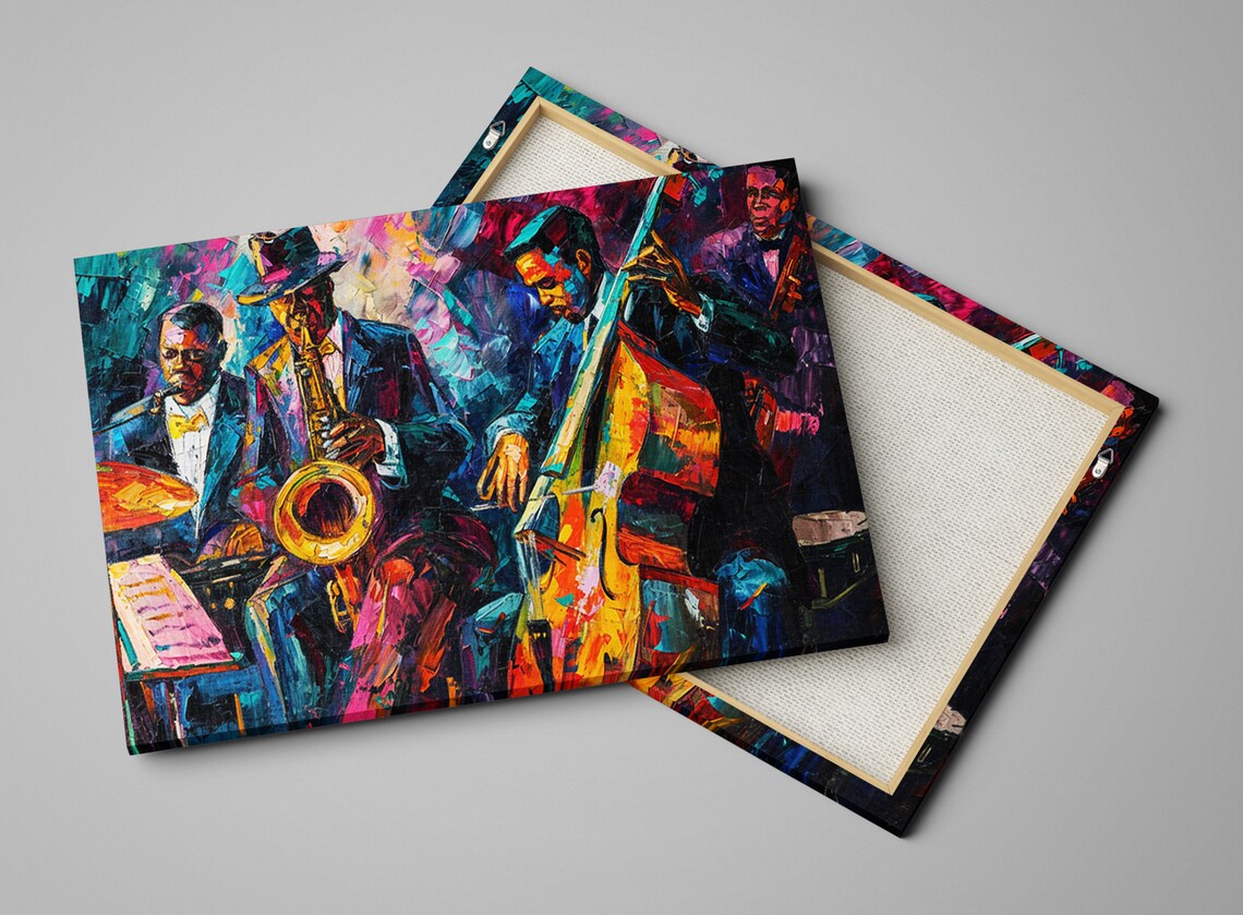 Colorful Jazz Ensemble Saxophone Double Bass Palette Knife Music Art Print - Image 4
