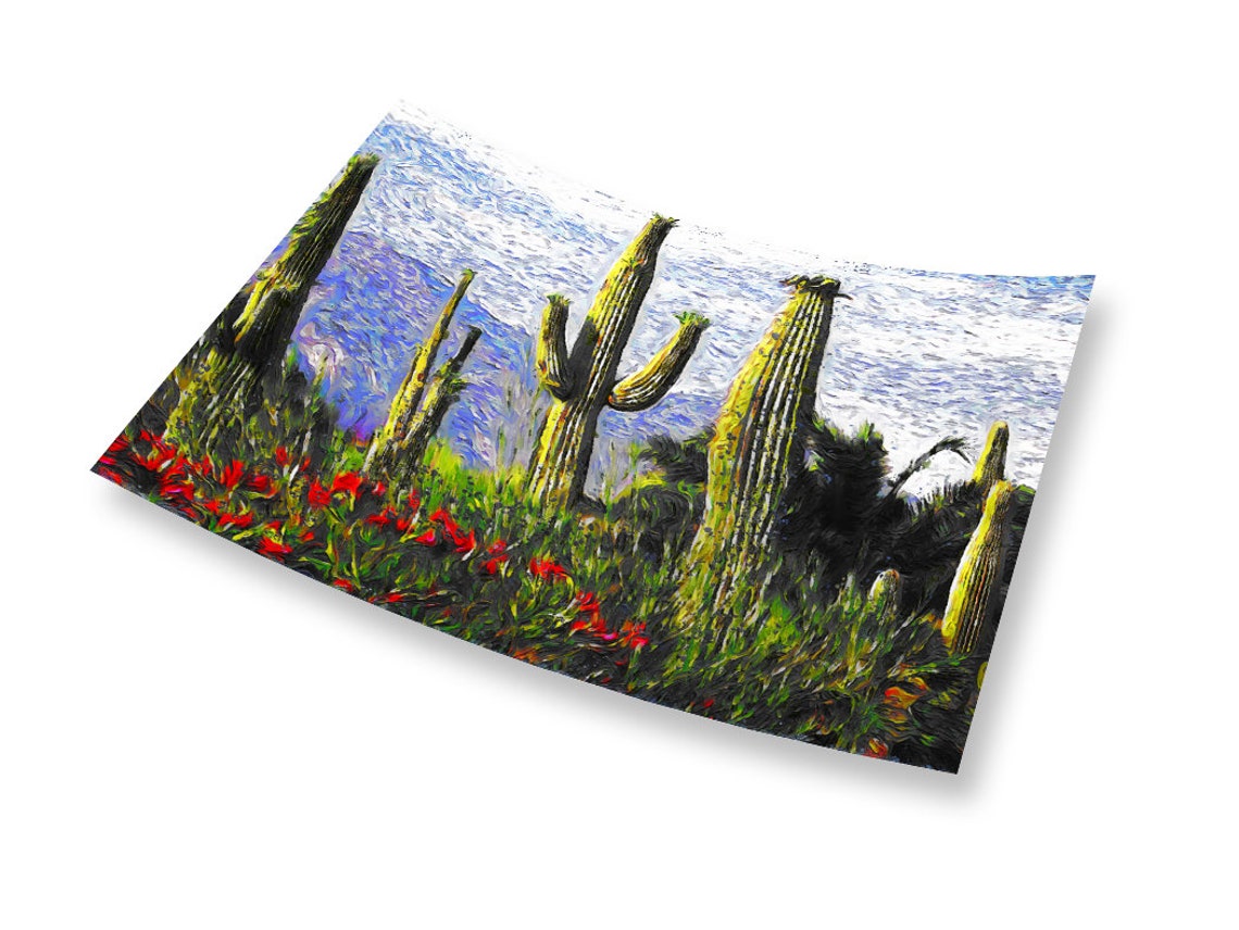 Saguaro Cactus Desert Bloom Red Wildflowers Sunny Impressionist Poster - Image 2