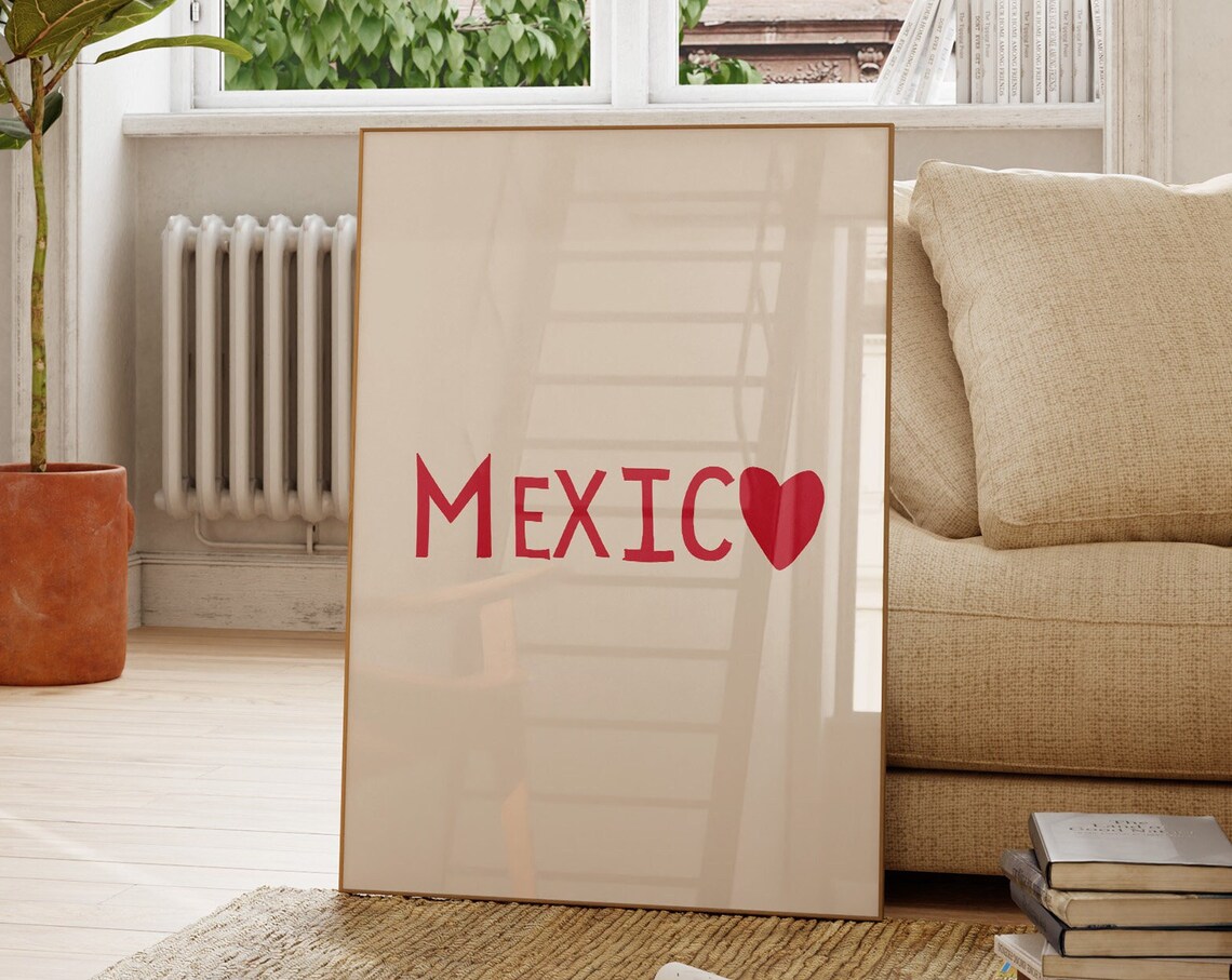 Minimalist Mexico Heart Red Typography Modern Travel Poster Art