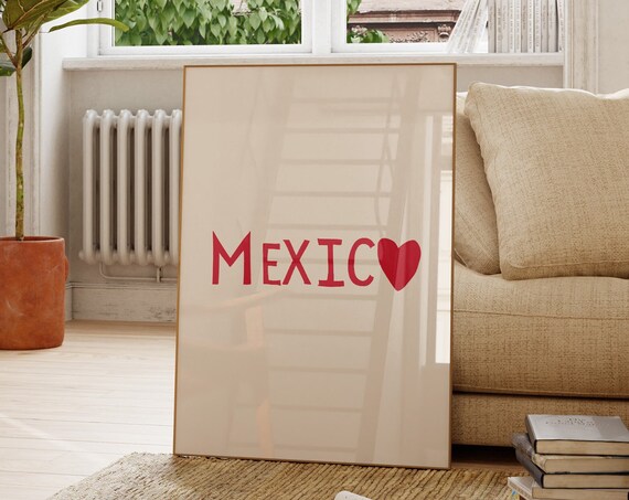 Minimalist Mexico Heart Red Typography Modern Travel Poster Art