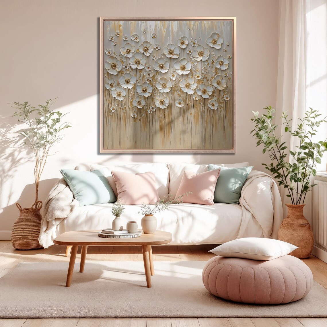White And Gold Blossoms Impasto Floral Field Painting Art Poster - Image 2