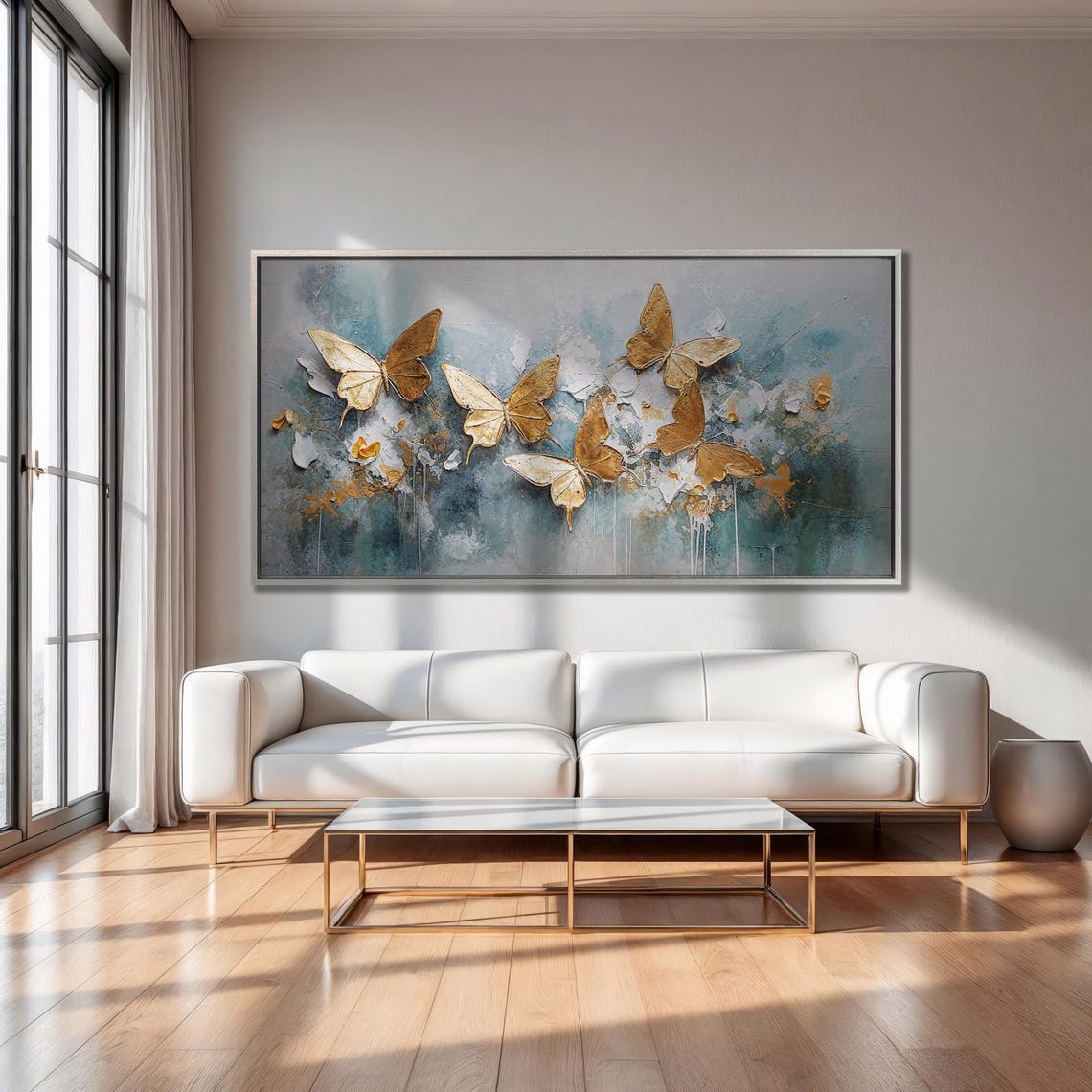 Golden Butterflies 3D Effect Teal Textured Abstract Wall Art - Image 4