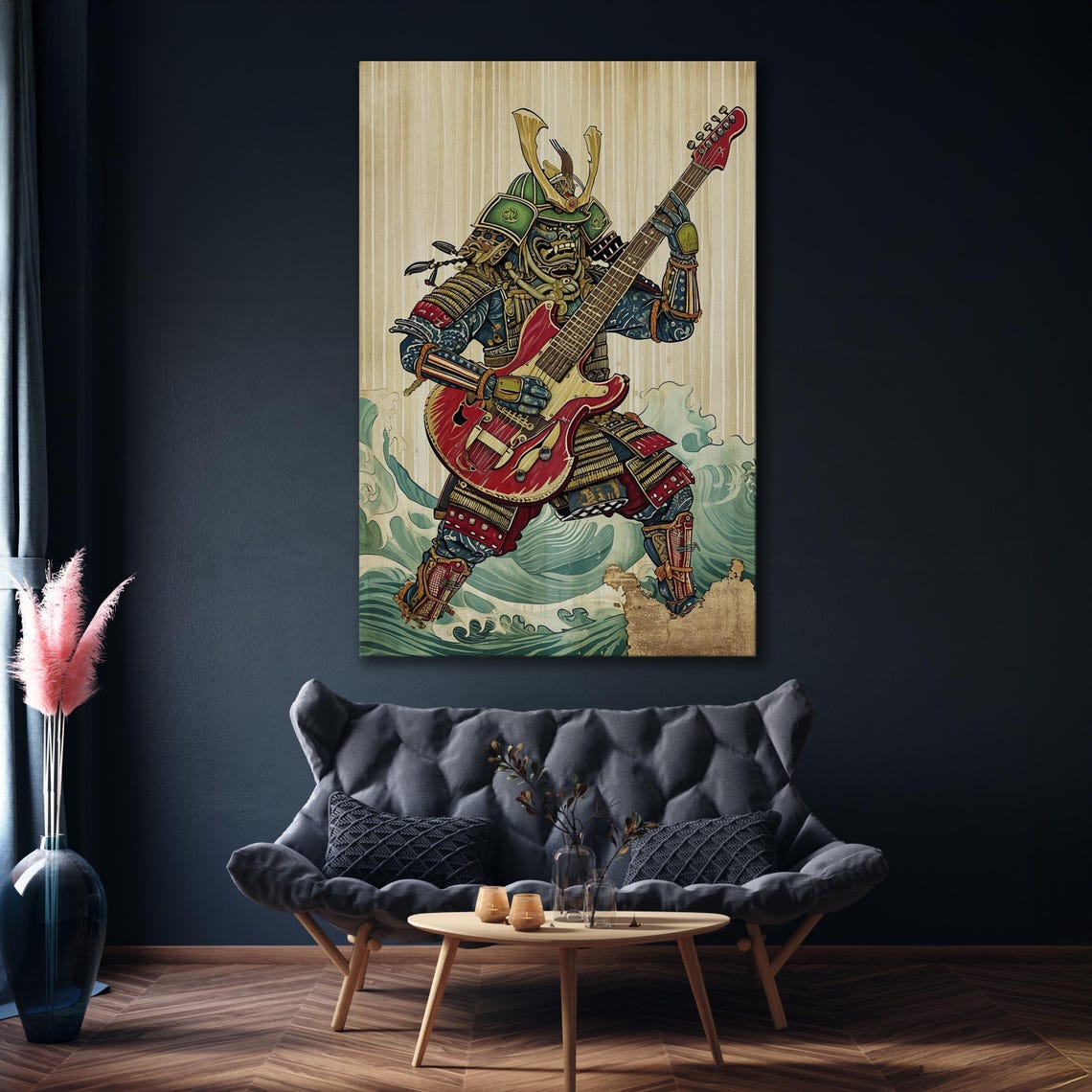Samurai Playing Red Electric Guitar Japanese Wave Rock Wall Art - Image 4