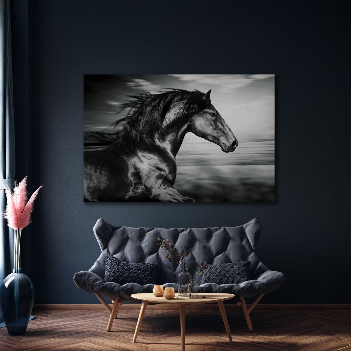 Black Horse Running Dramatic Monochrome Equine Large Wall Art - Image 4