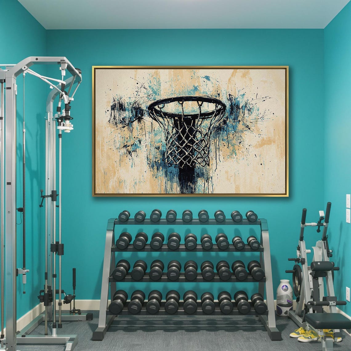 Graffiti Basketball Hoop With Teal Splatter On Warm Beige Print - Image 3