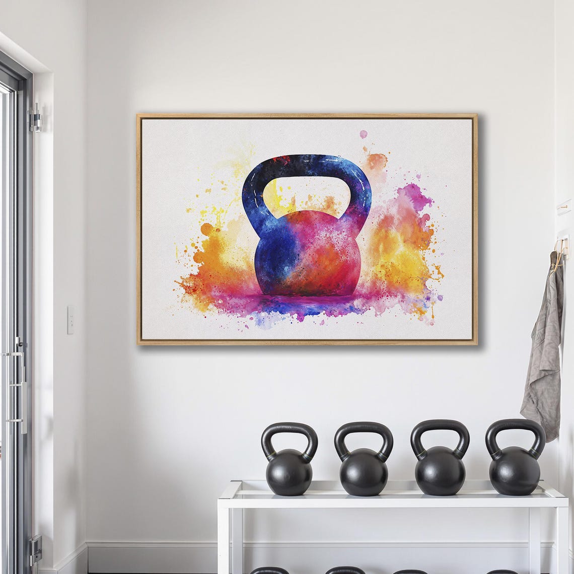 Watercolor Kettlebell In Pink Orange And Purple Splash Poster - Image 2