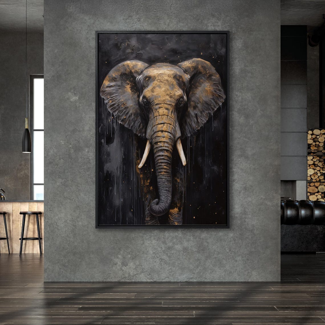 Elephant Front Portrait Gold And Black Brushstrokes Animal Wall Art - Image 6