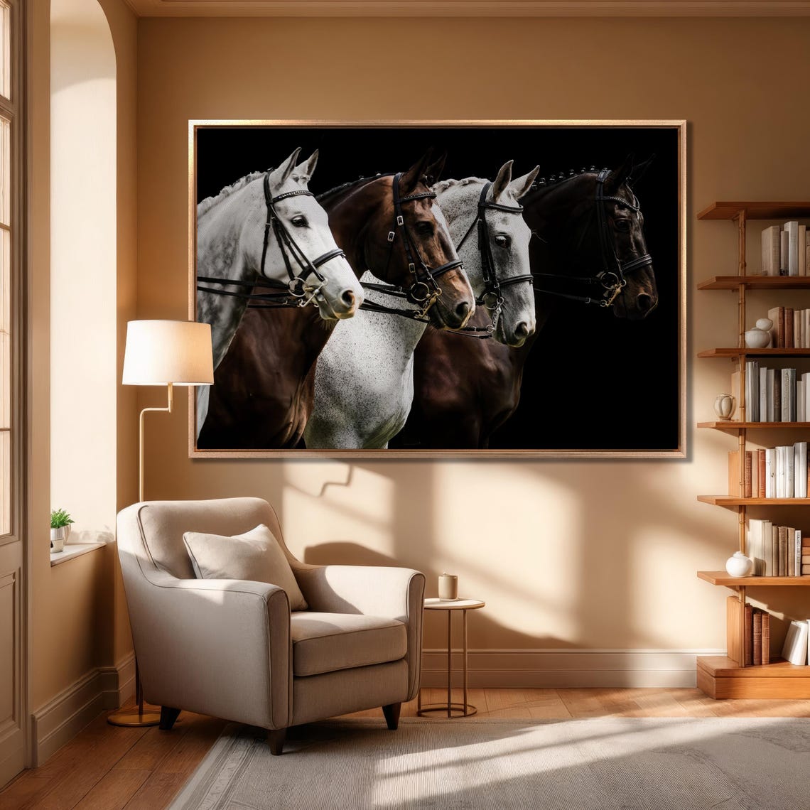 Four Horses In Bridles Black Background Equestrian Team Wall Art - Image 6