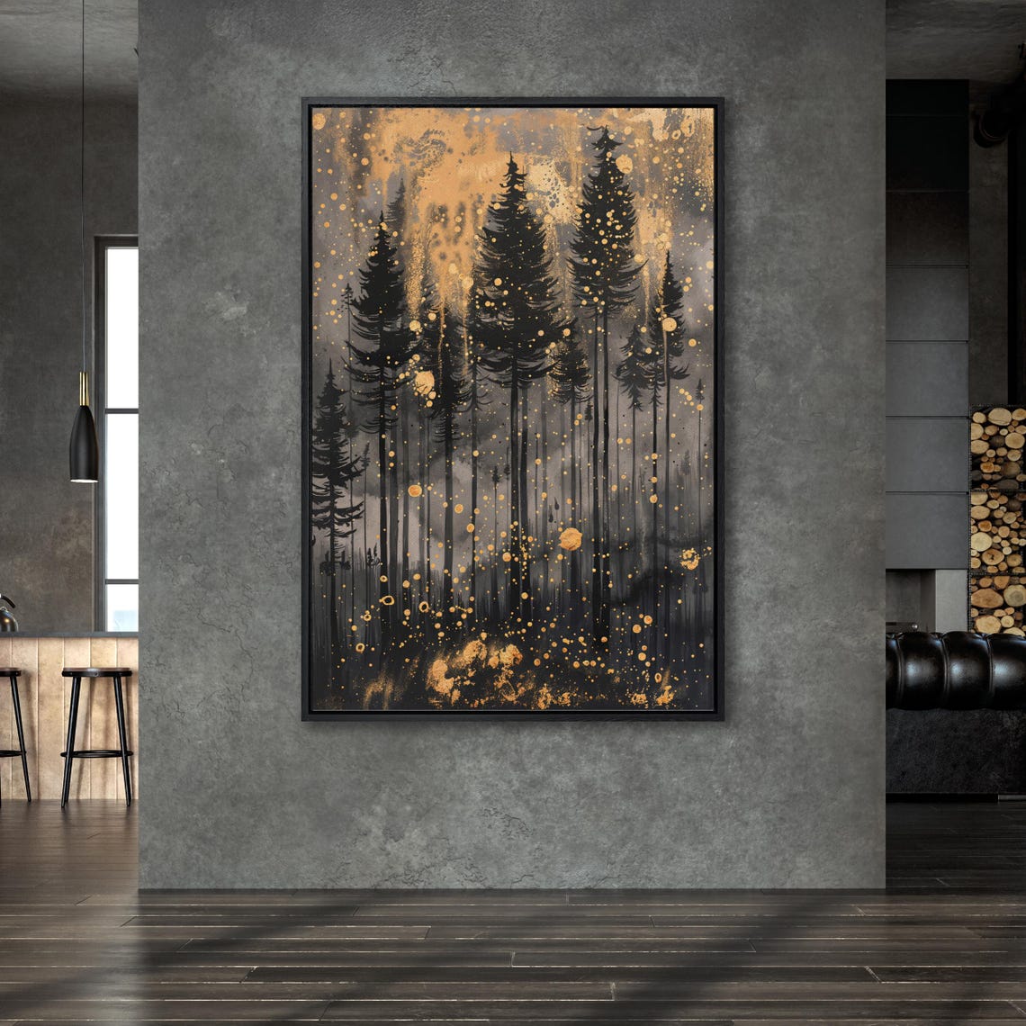 Black Pine Forest Silhouette With Gold Splatter Painting Art Poster - Image 5