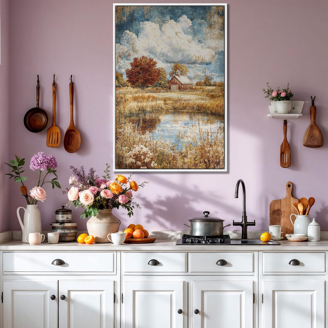 Rustic Red Barn by a Still Pond With Colorful Autumn Trees Poster - Image 3