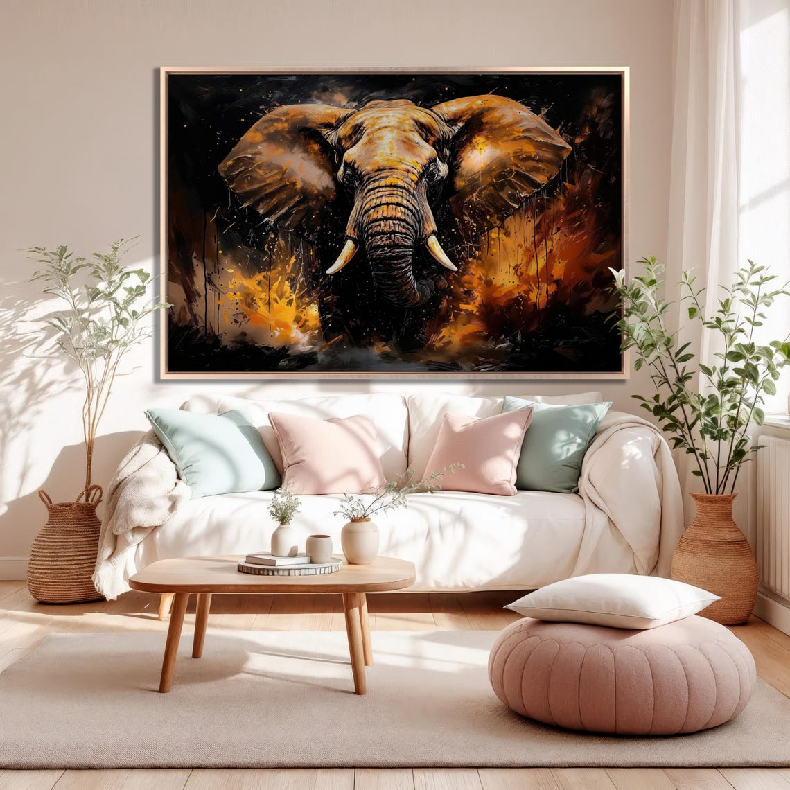 African Elephant Fiery Orange Brushstrokes Safari Portrait Wall Art - Image 2