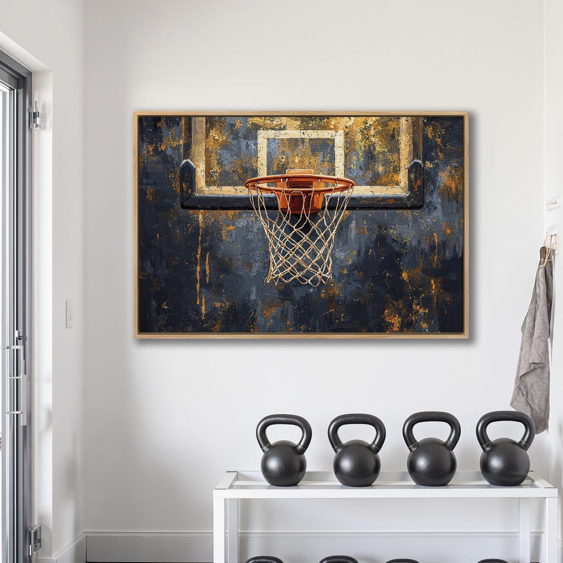 Basketball Hoop Close Up On Dark Blue And Gold Grunge Poster - Image 2