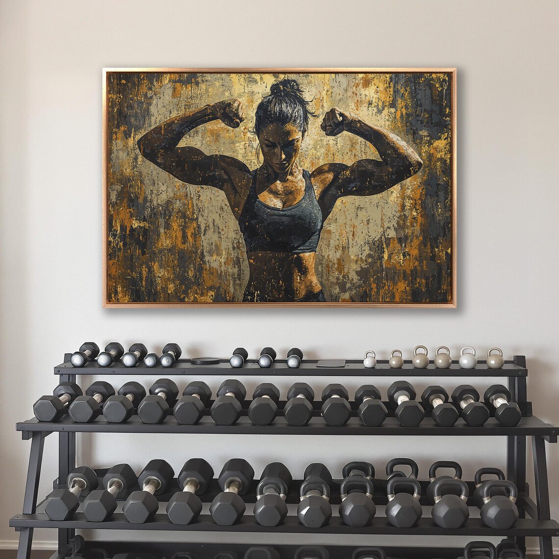 Strong Woman Flexing Biceps On Golden Textured Background Gym Poster - Image 4