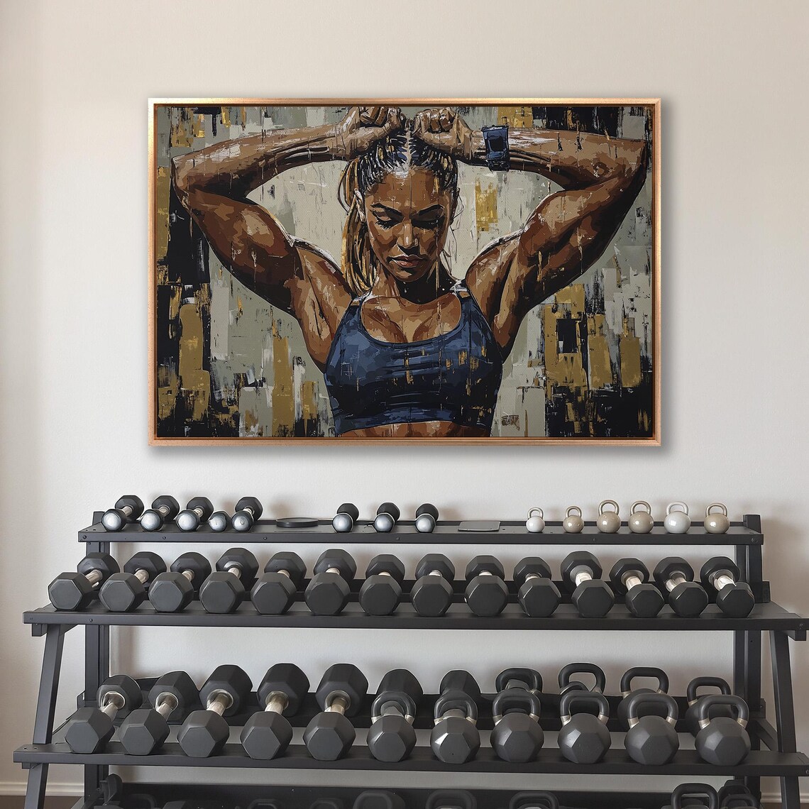 Strong Woman Tying Hair Up Fitness Portrait in Blue and Gold Poster - Image 4
