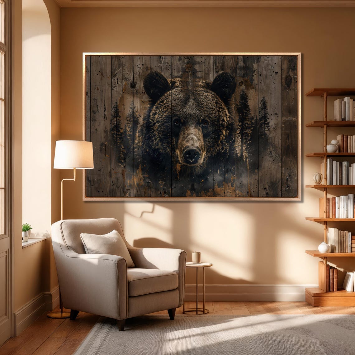 Brown Bear Face On Rustic Wood Planks Wildlife Cabin Art Poster - Image 3