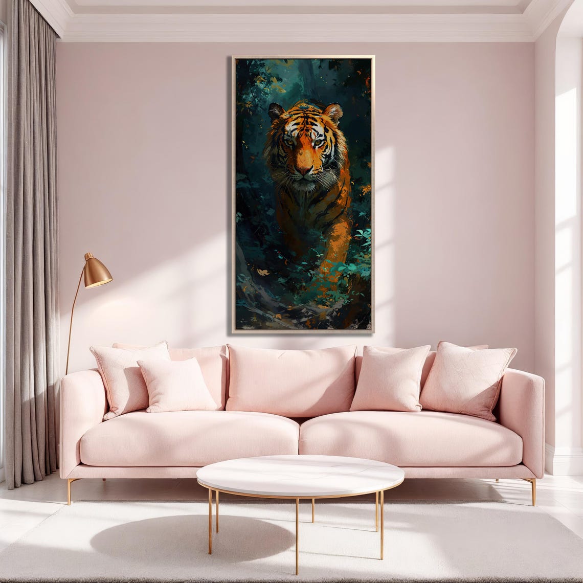 Orange Tiger In Dark Jungle Painted Wildlife Portrait Wall Art - Image 2