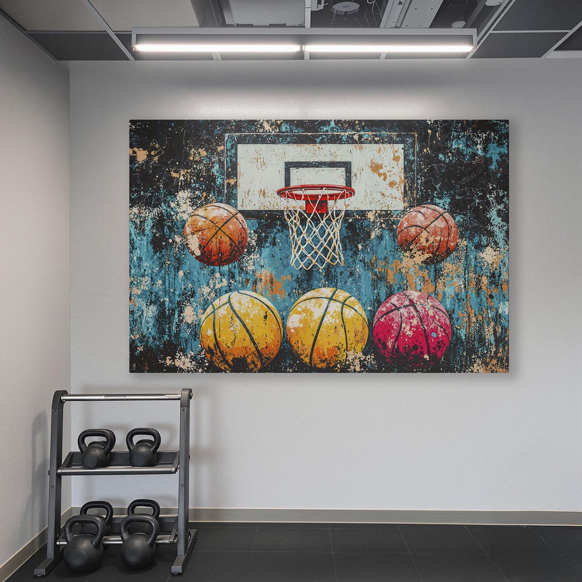 Basketball Hoop Surrounded By Five Colorful Balls Sports Poster - Image 6