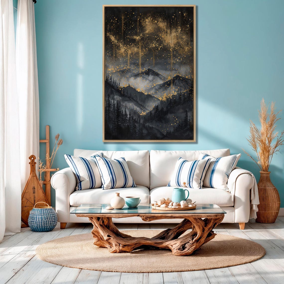 Black And Gold Mountain Night Landscape With Golden Mist Poster - Image 3