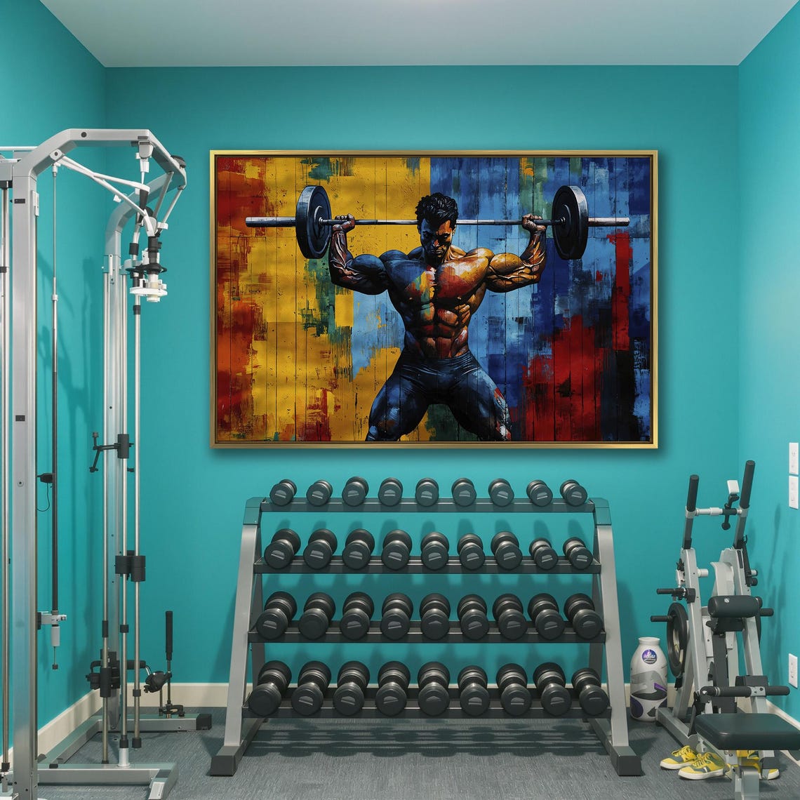 Muscular Male Bodybuilder Barbell Squat Colorful Abstract Gym Poster - Image 3