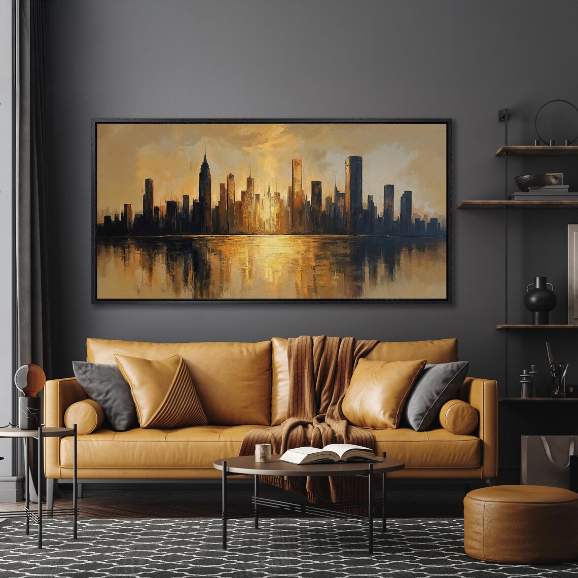 Golden Sunset City Skyline with Water Reflection Urban Art Poster - Image 5