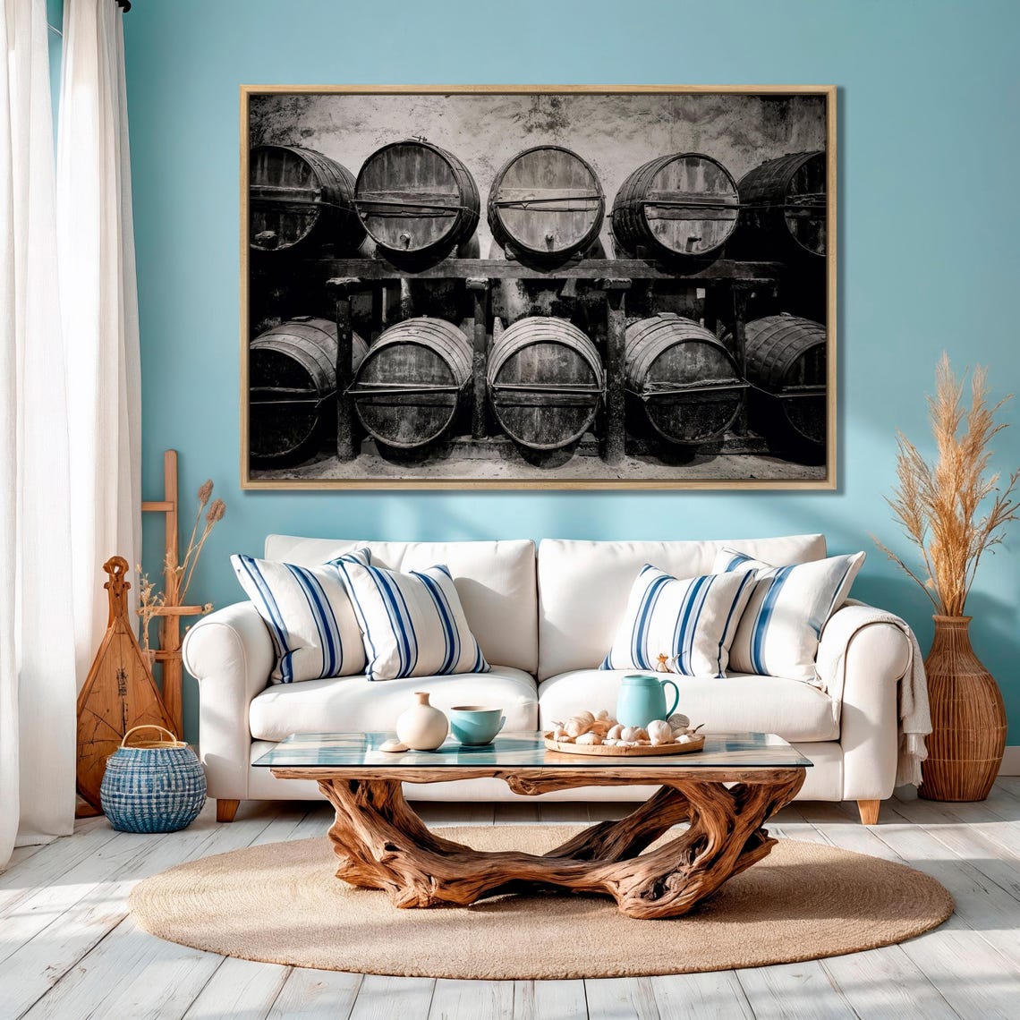 Stacked Wine Barrels Winery Cellar Black And White Large Wall Art - Image 4