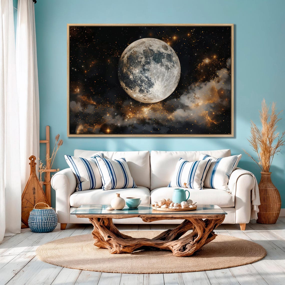 Detailed Full Moon Glowing In Starry Cosmic Night Sky Art Poster - Image 3