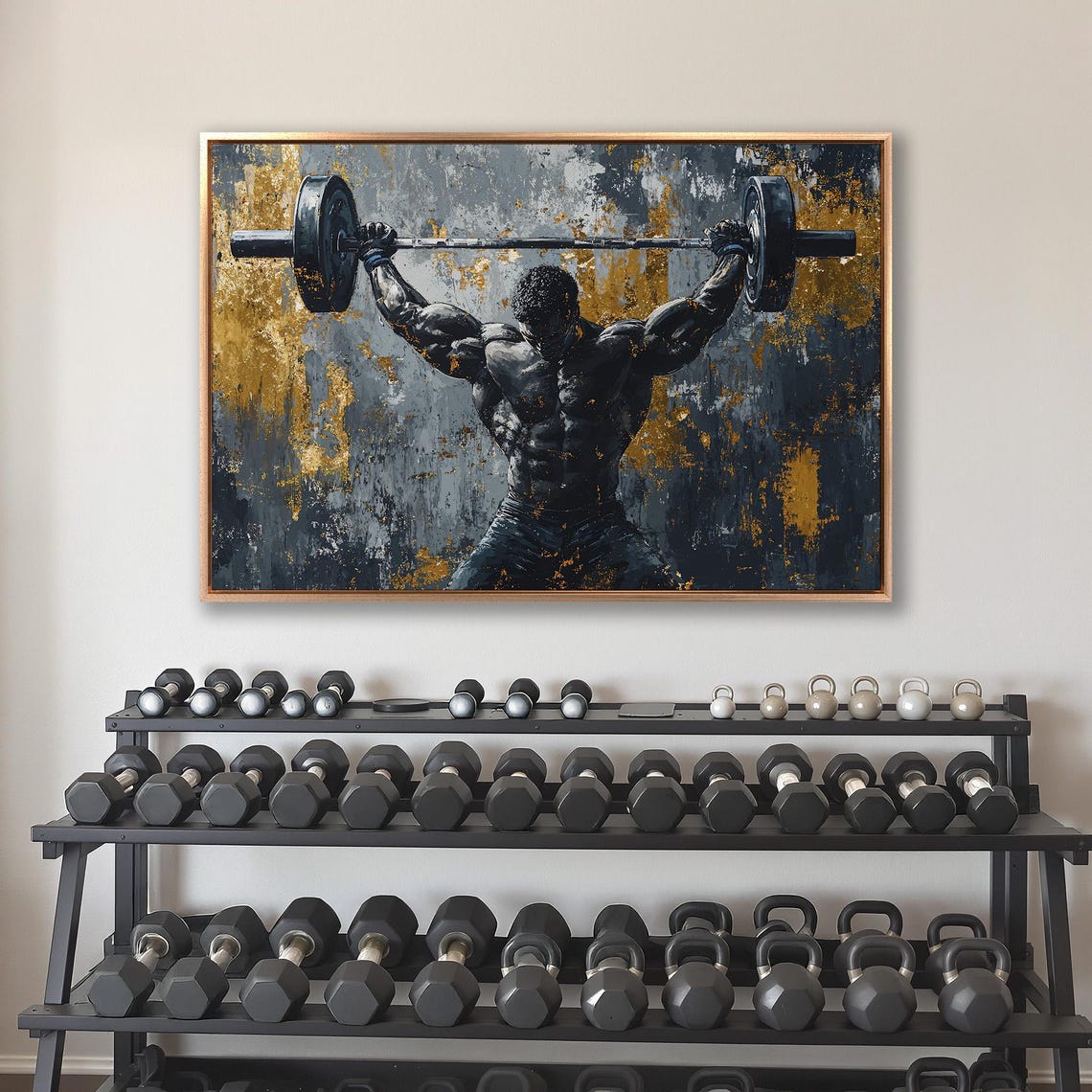 Powerlifter Overhead Press Strength Painting on Dark Gold Poster - Image 4