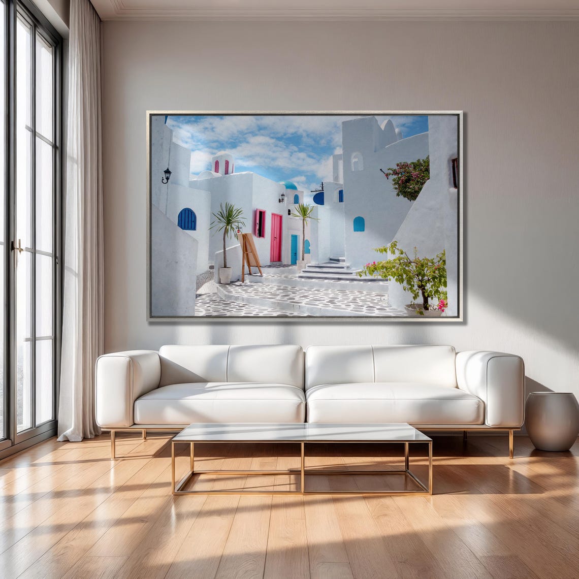 Greek Island Village Street Whitewashed Houses Daytime Wall Art - Image 4