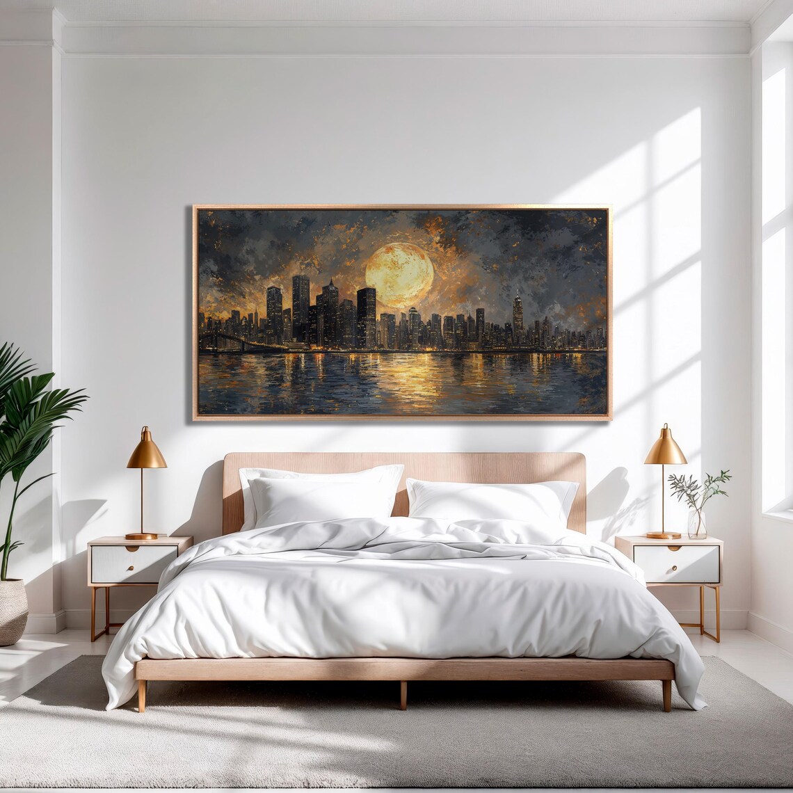City Skyline With Full Moon Art Print, Urban Nightscape - Image 2