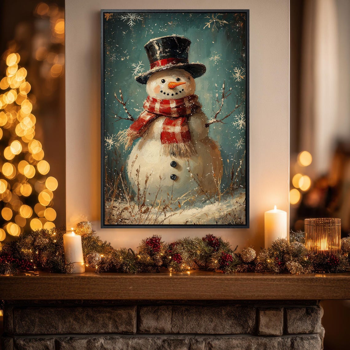 Cheerful Snowman in Top Hat Red Plaid Scarf Vintage Christmas Poster
