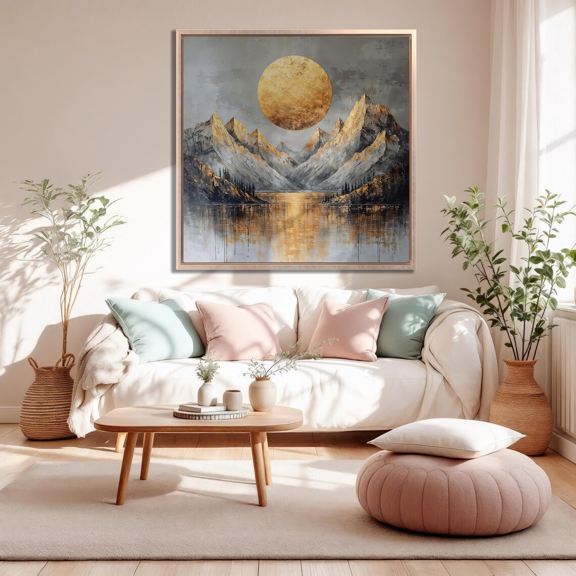 Giant Golden Sun Rising Over Mountain Lake Landscape Art Poster - Image 2