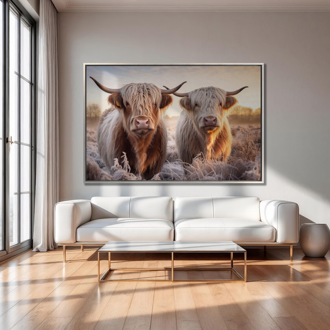 Two Highland Cows In Frosty Sunrise Field Farmhouse Wall Art - Image 3