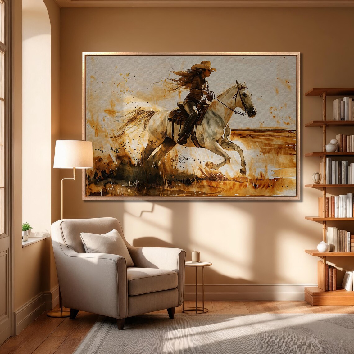 Cowgirl Galloping White Horse Across Prairie Watercolor Poster - Image 2