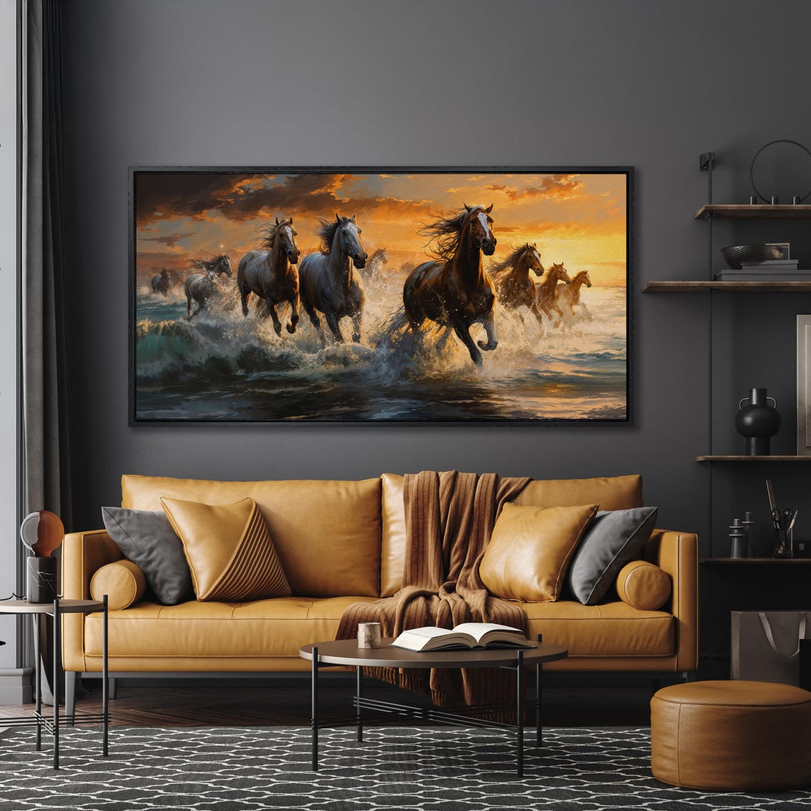 Horses Running Through Ocean Waves Golden Sunset Large Wall Art - Image 5