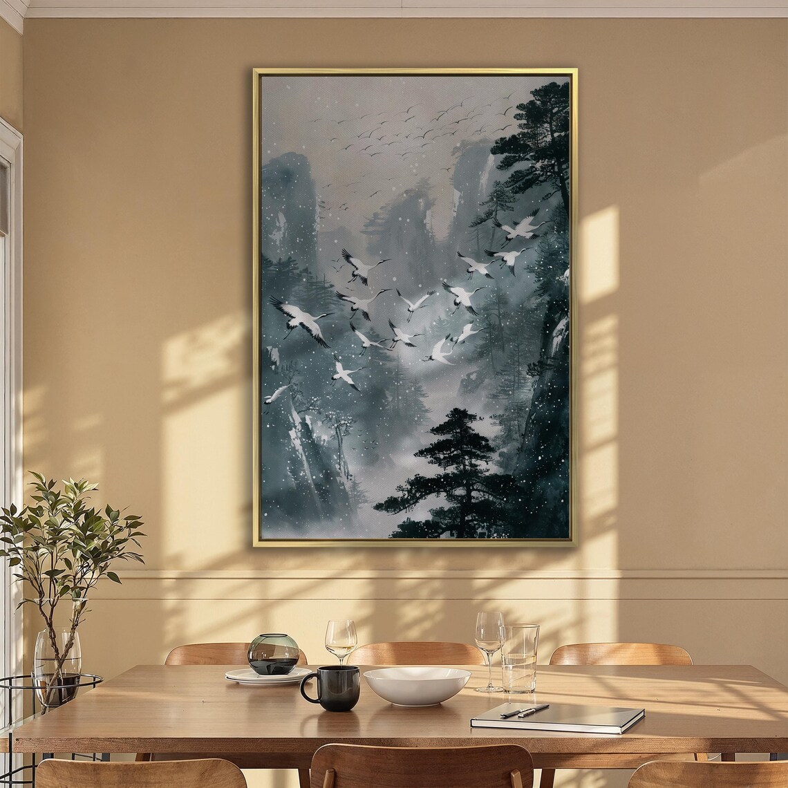 Japanese Cranes Flying Over Snowy Mountain In Ink Wash Style Poster - Image 4