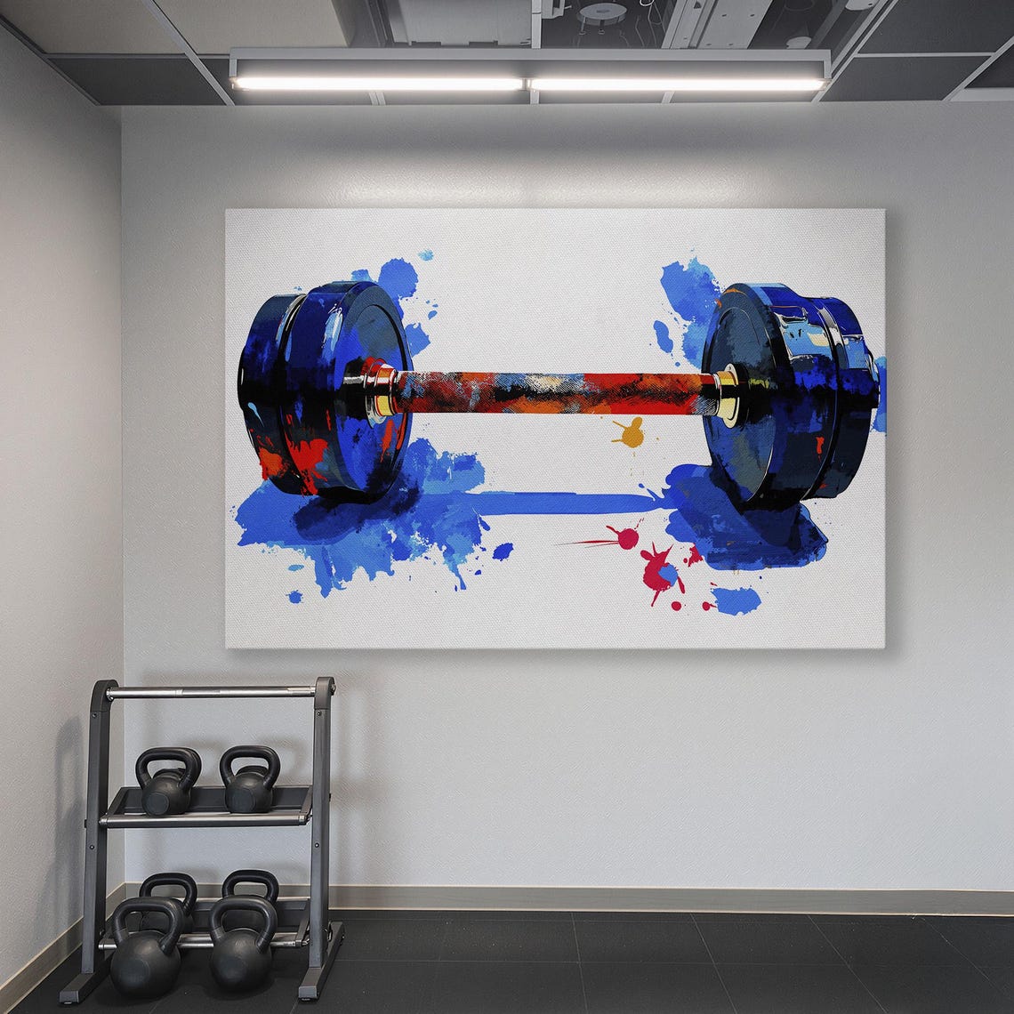 Dumbbell with Blue Plates and Red Bar on White Splatter Poster - Image 6