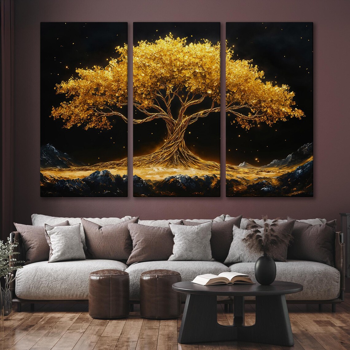 Golden Tree of Life Under Starry Night Sky Mystical Art Poster - Image 6