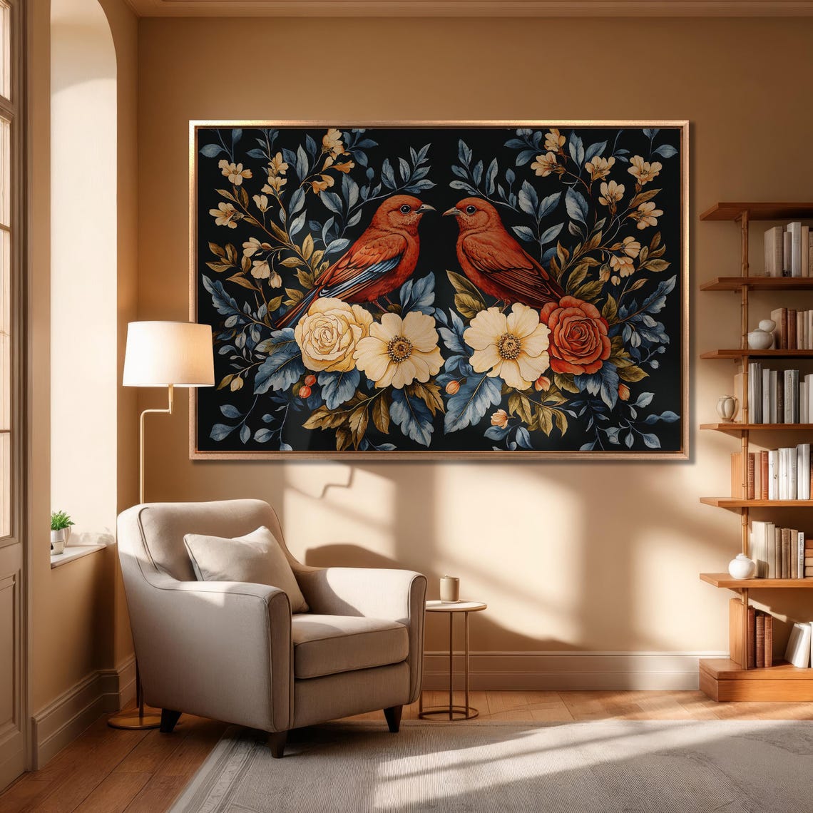 Two Red Birds Among Roses on a Dark Floral Botanical Art Poster - Image 6