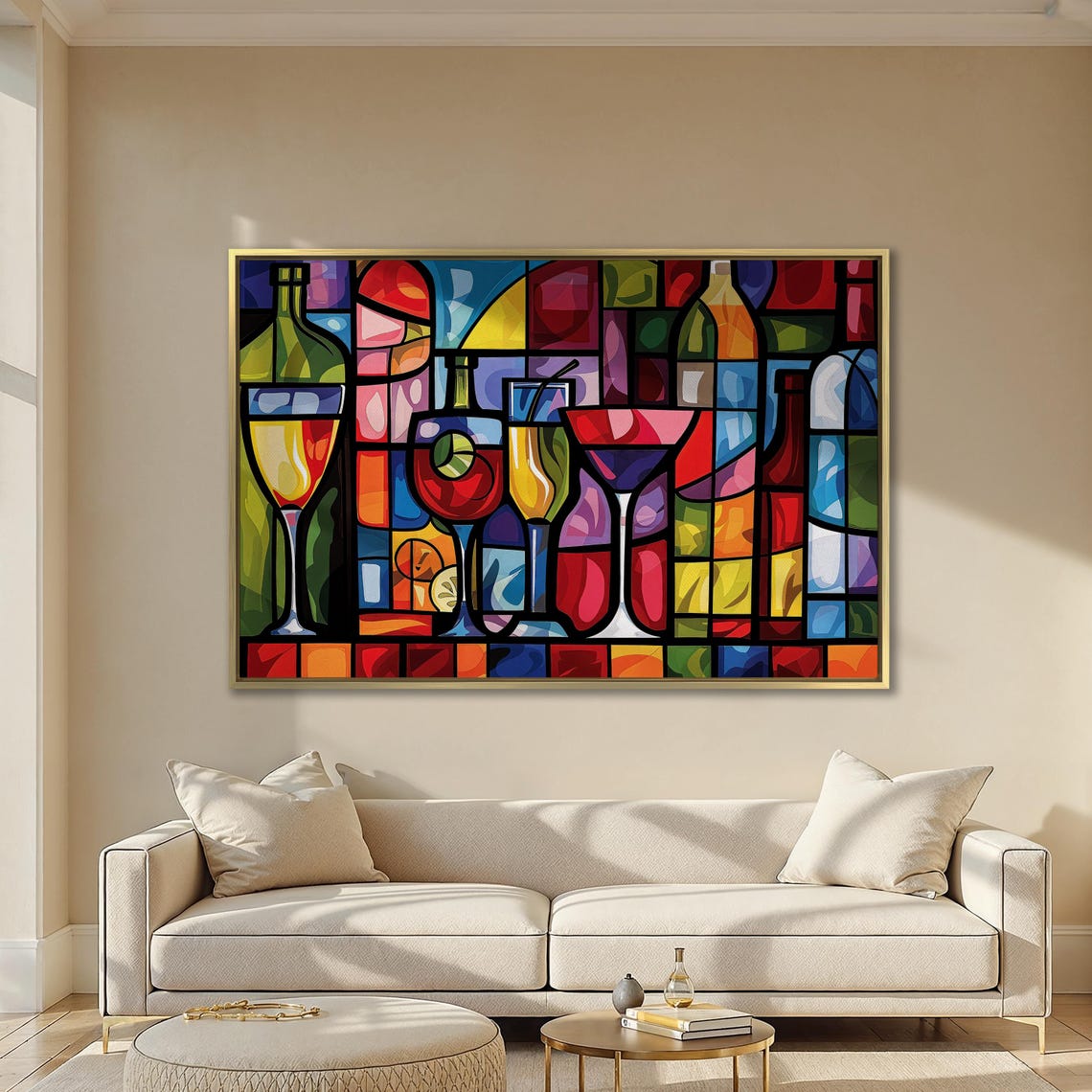Stained Glass Cocktail Bar With Wine Bottles And Martini Print - Image 5
