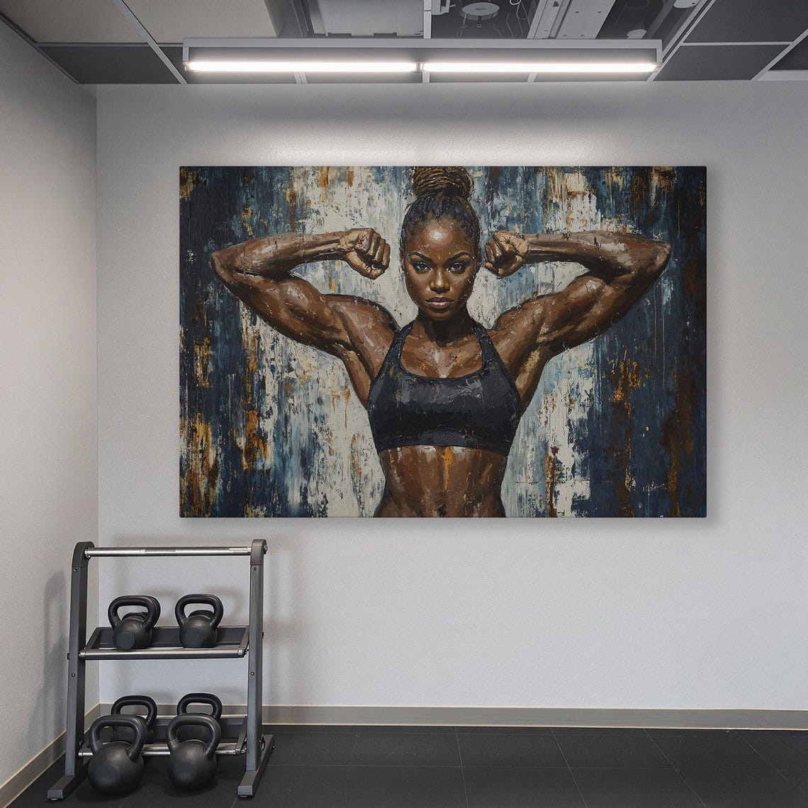 Athletic Woman Double Biceps Pose on Blue Gold Grunge Poster - Image 6